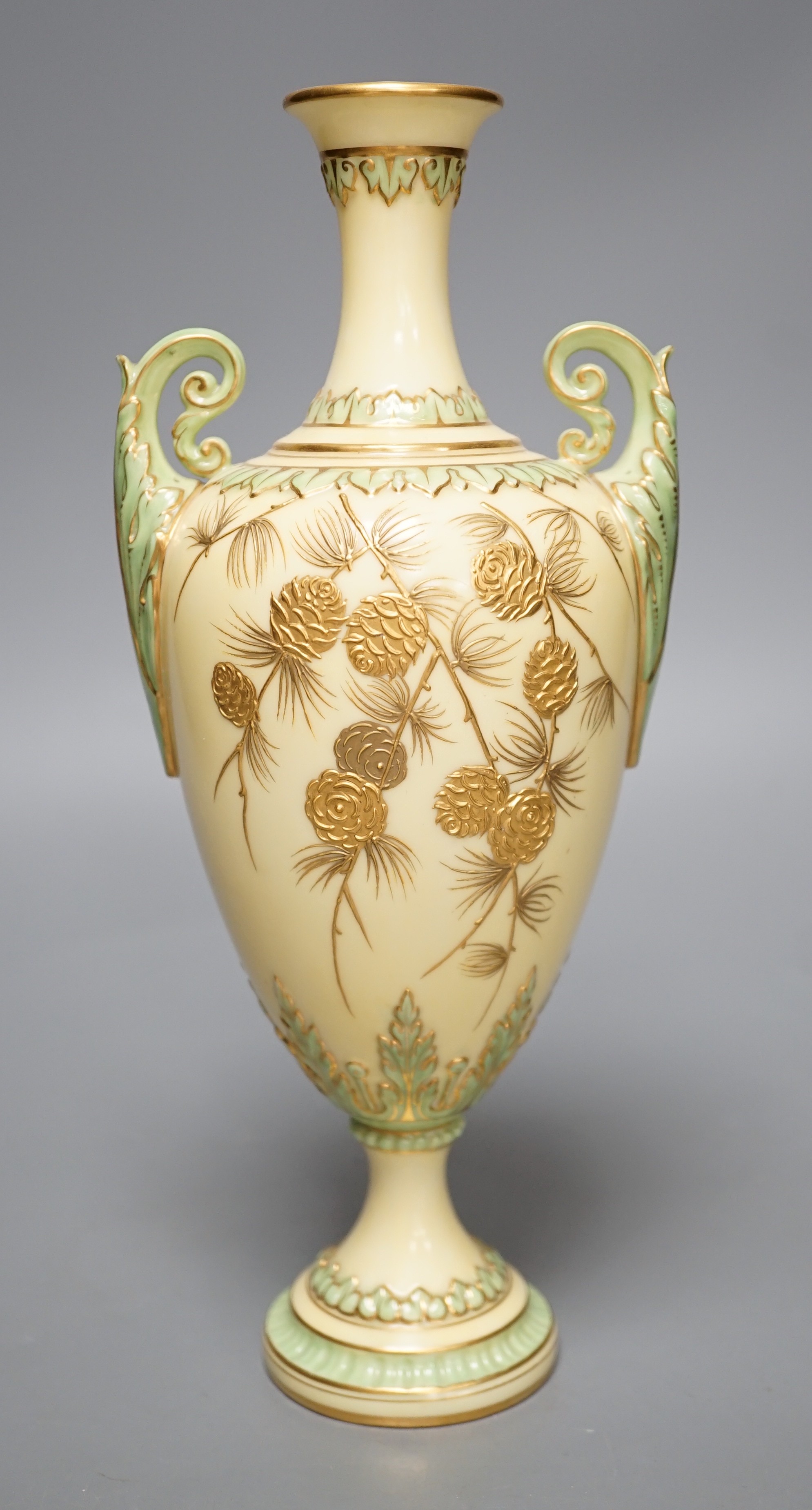 A late 19th century Grainger & Co. gilded 'pine cone' vase, 25cms high.